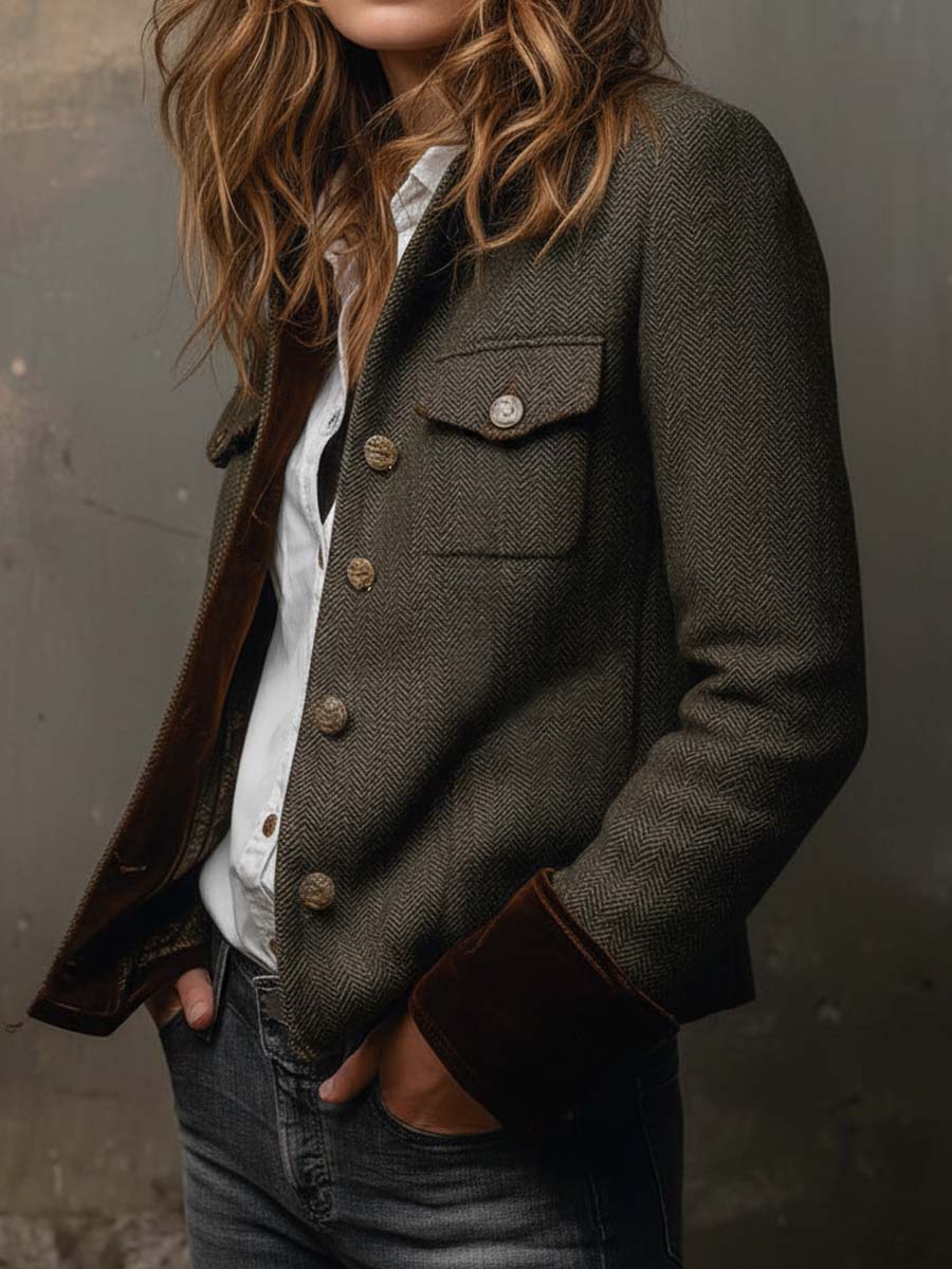 Dolores vintage visgraatblazer met contrastranden