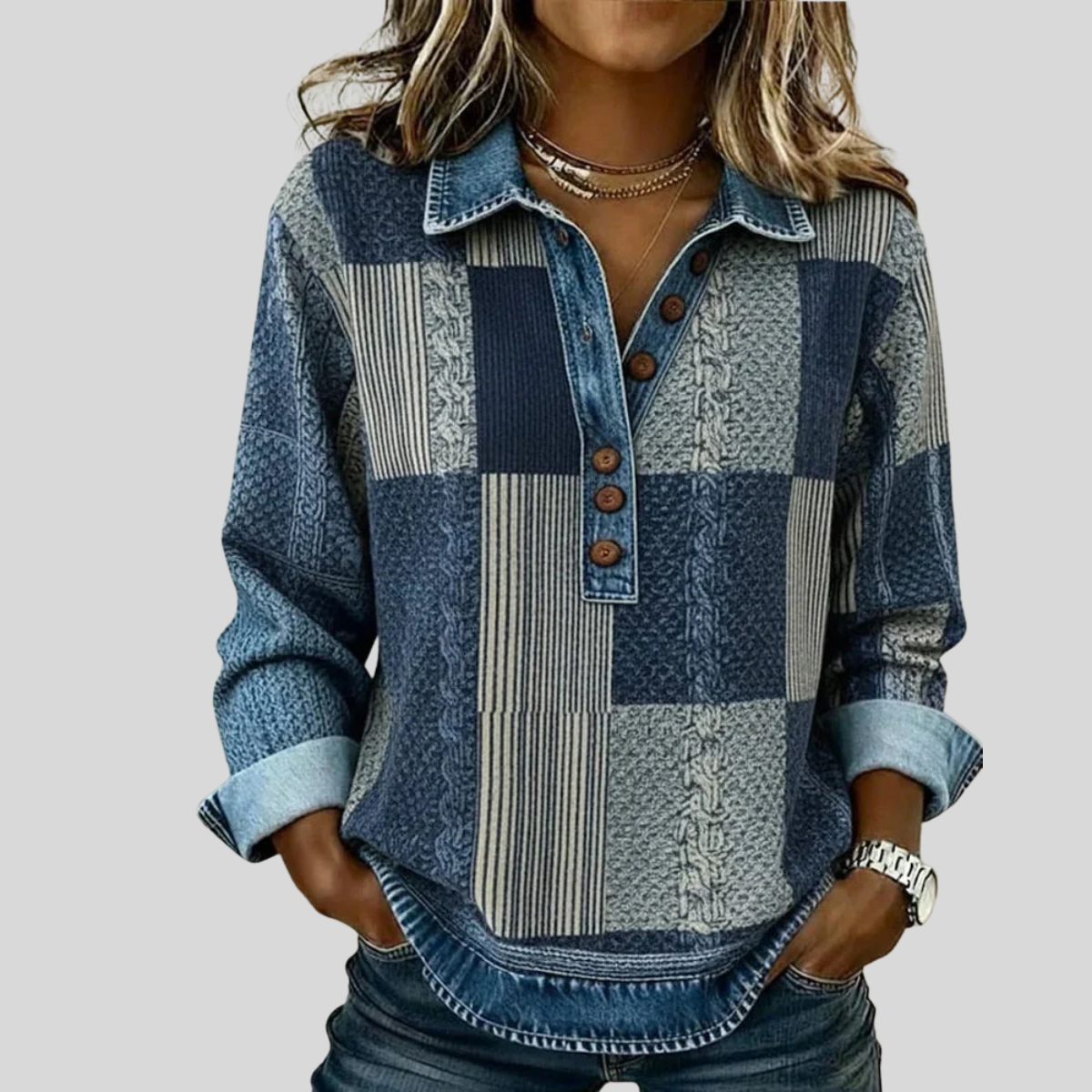 Delphine patchwork trui met denimeffect