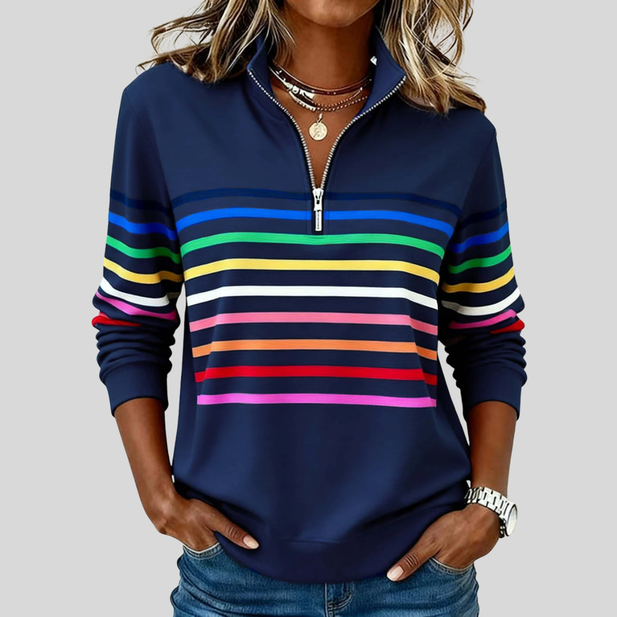 Nathalie sweater met rits en veelkleurige strepen