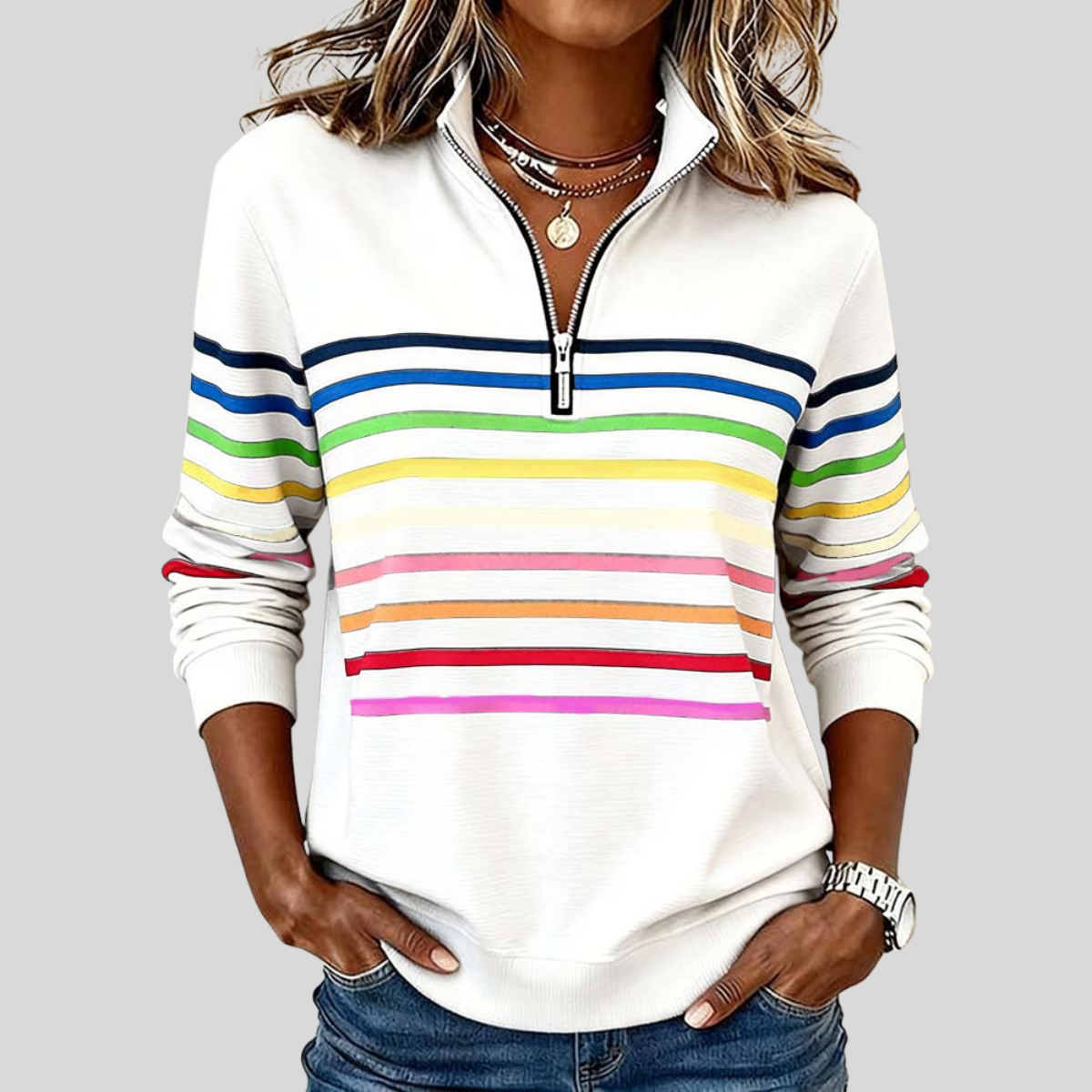 Nathalie sweater met rits en veelkleurige strepen