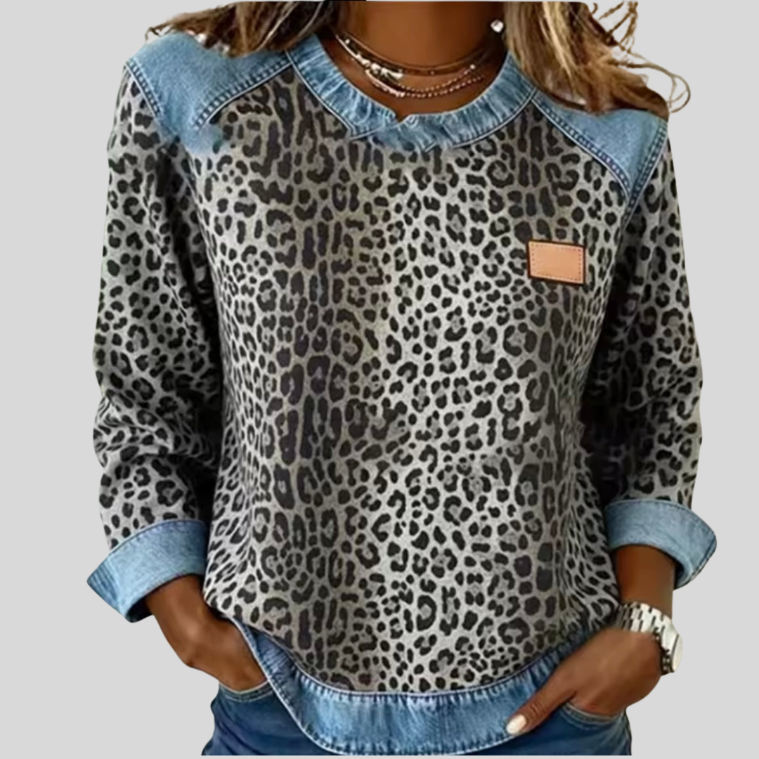 Mireille luipaardtrui met denim-look