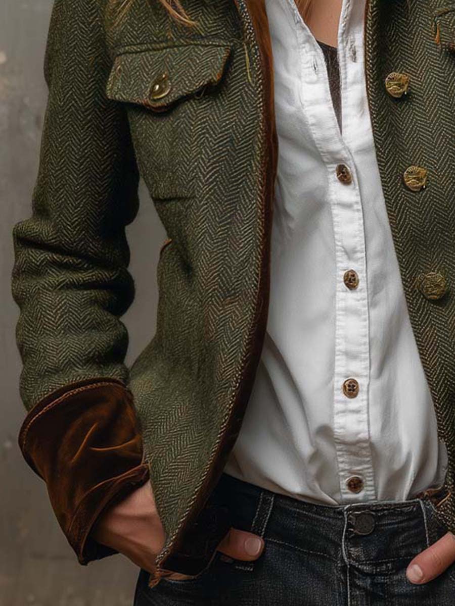 Dolores vintage visgraatblazer met contrastranden