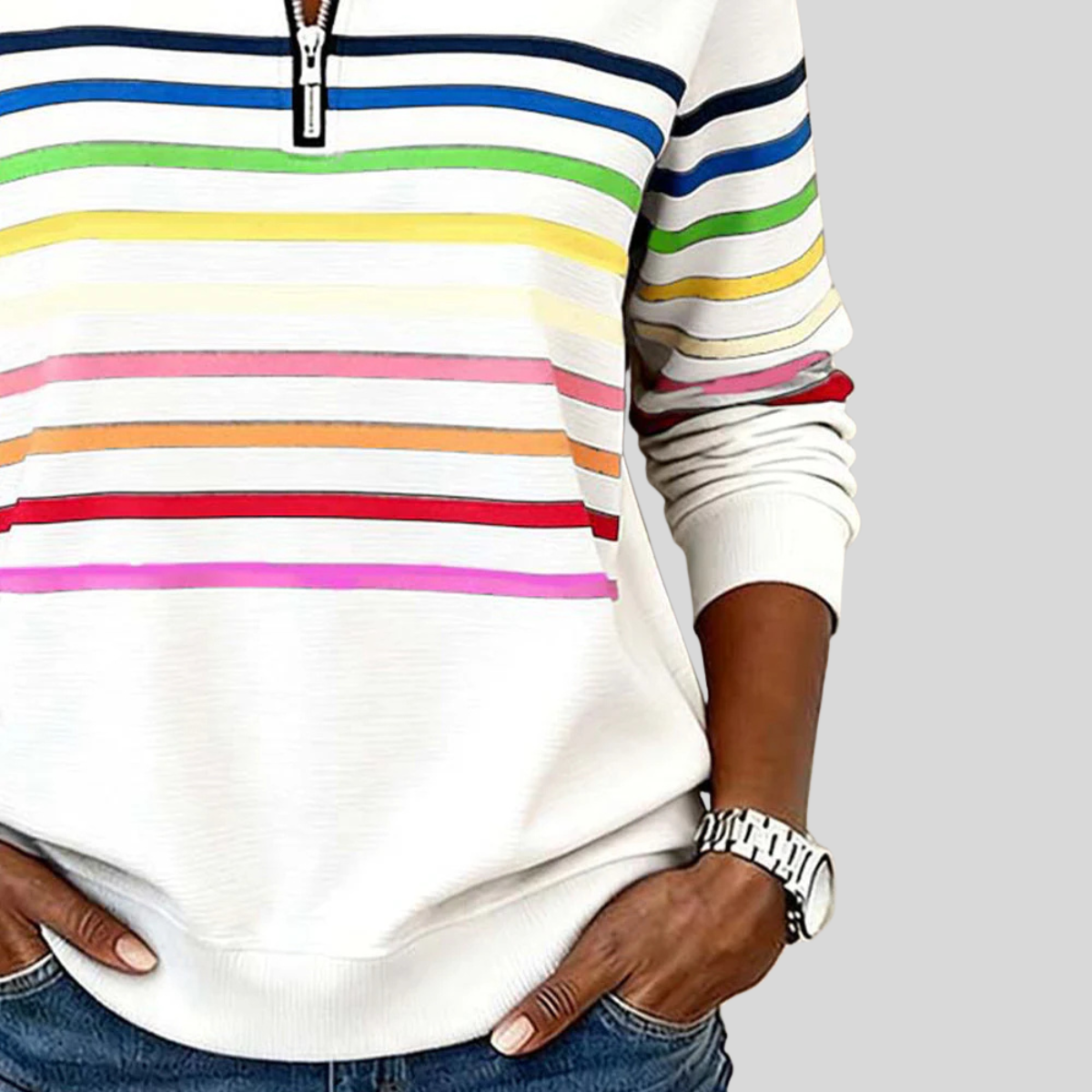 Nathalie sweater met rits en veelkleurige strepen