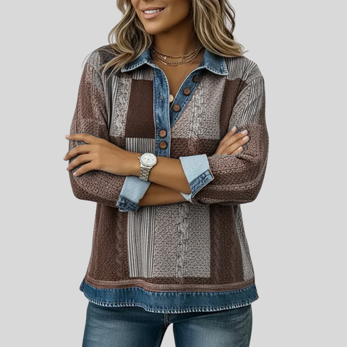 Delphine patchwork trui met denimeffect