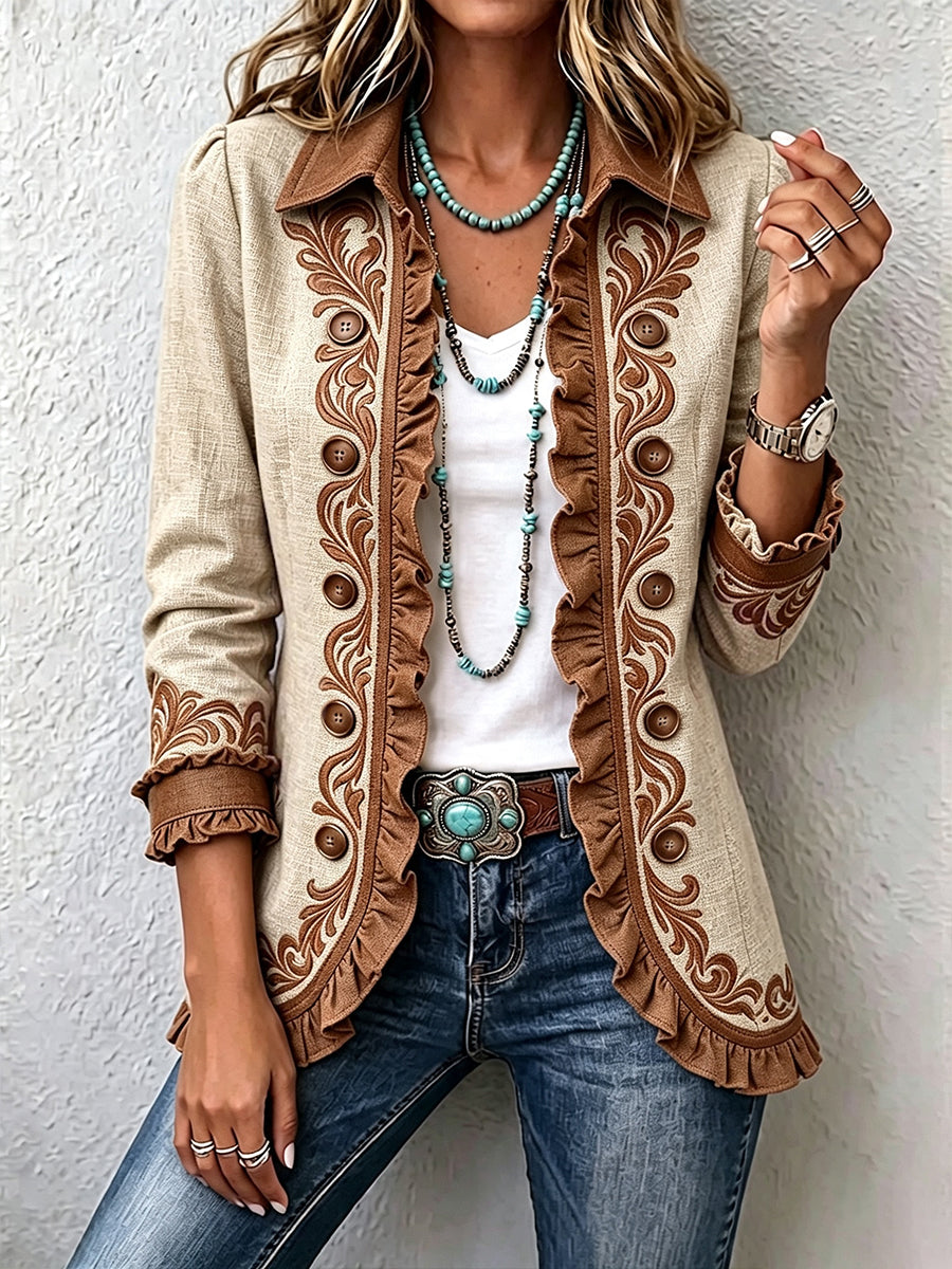 Tiziana vintage bohémien jasje met bloemen in camel en bruin met ruches