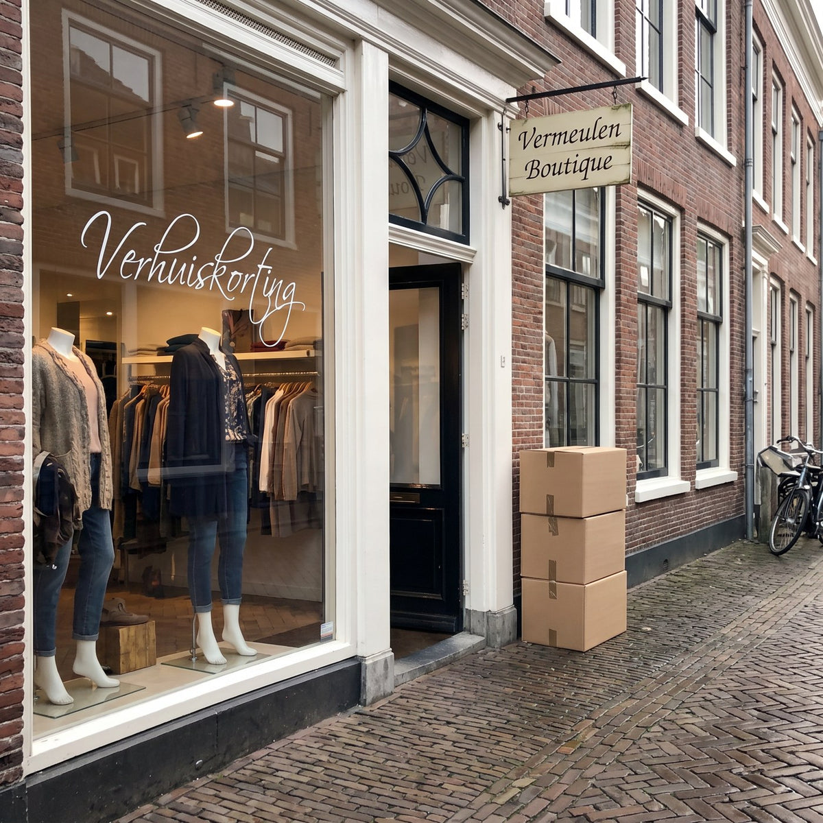 Vermeulen Boutique met verhuisdozen naast de deur