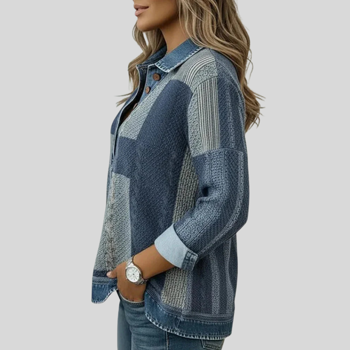 Delphine patchwork trui met denimeffect