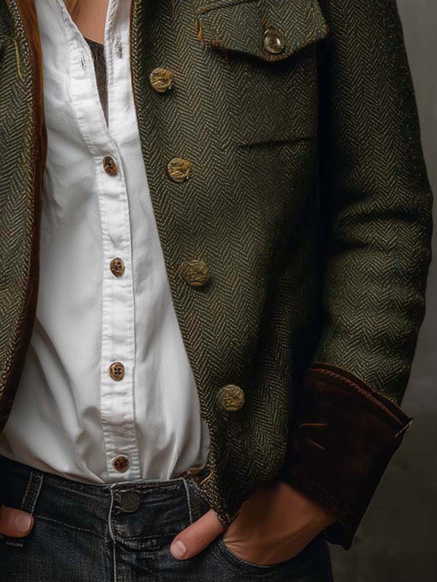 Dolores vintage visgraatblazer met contrastranden