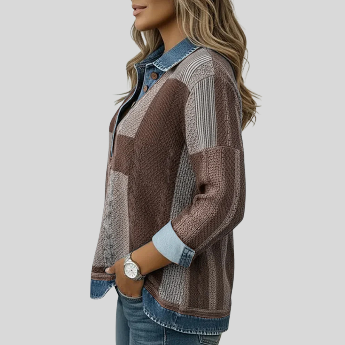 Delphine patchwork trui met denimeffect