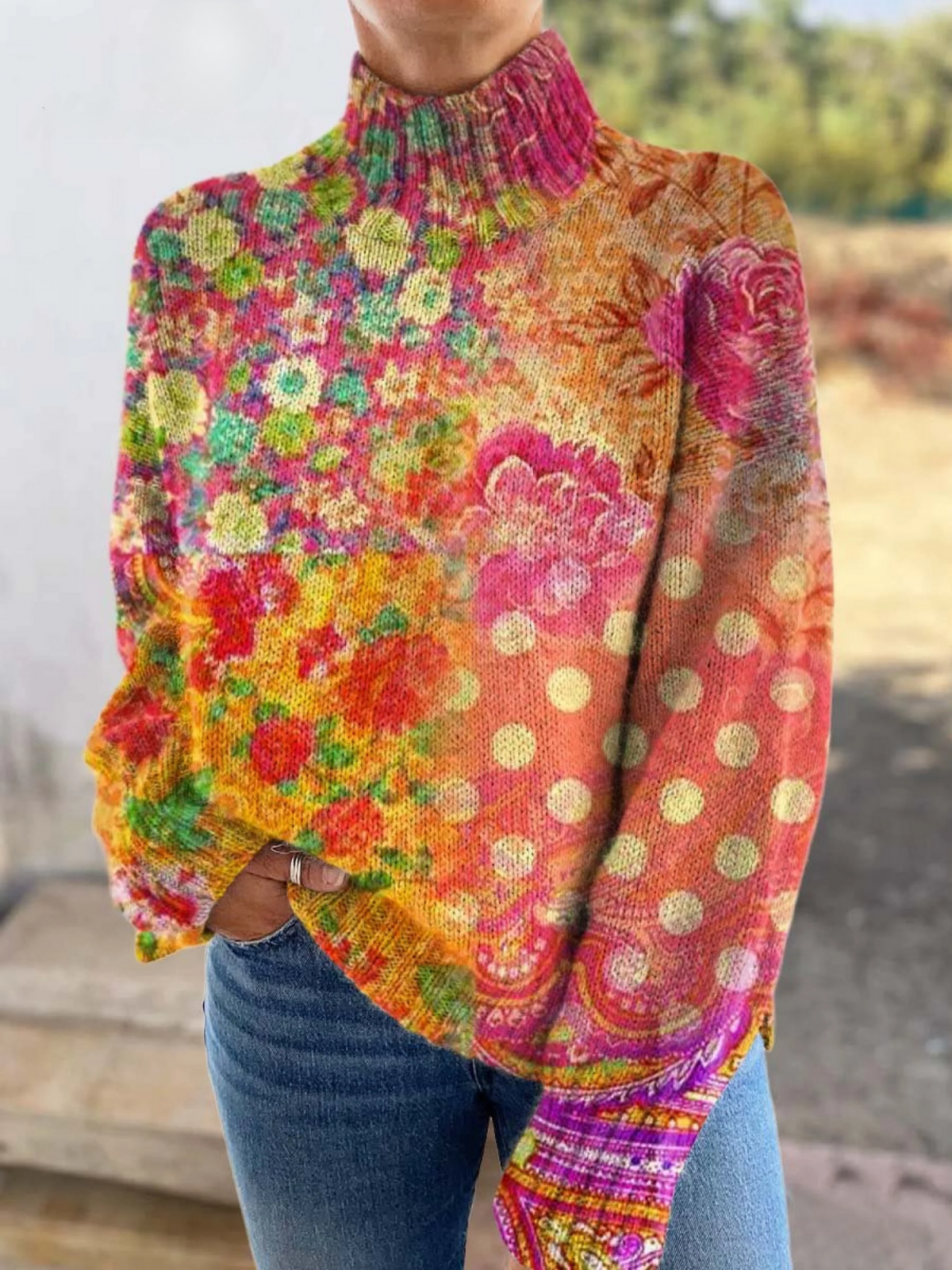 Anita gebreide trui met bloemen en stippen
