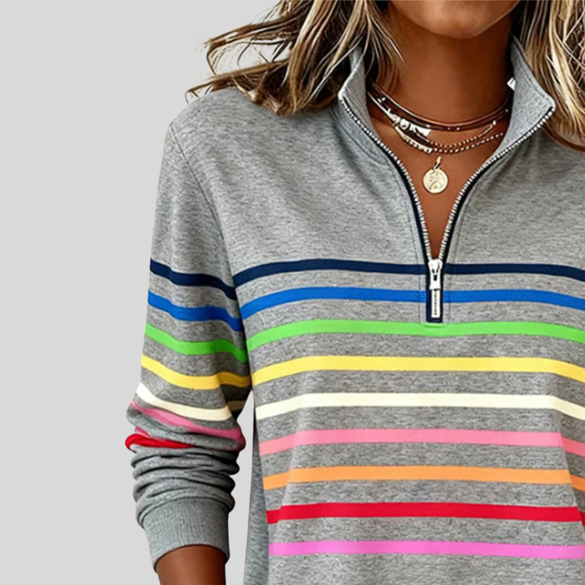Nathalie sweater met rits en veelkleurige strepen