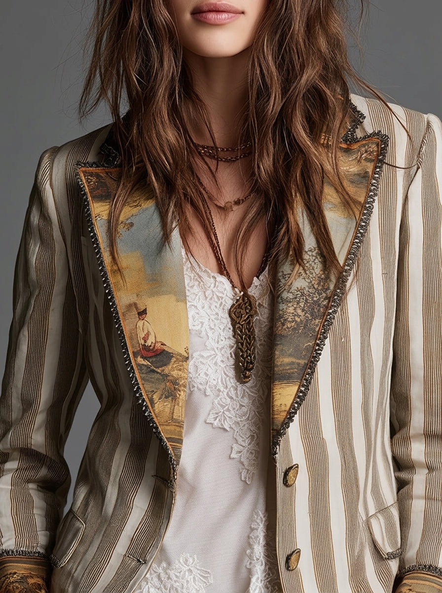 Paloma boho blazer met strepen en bedrukte kraag