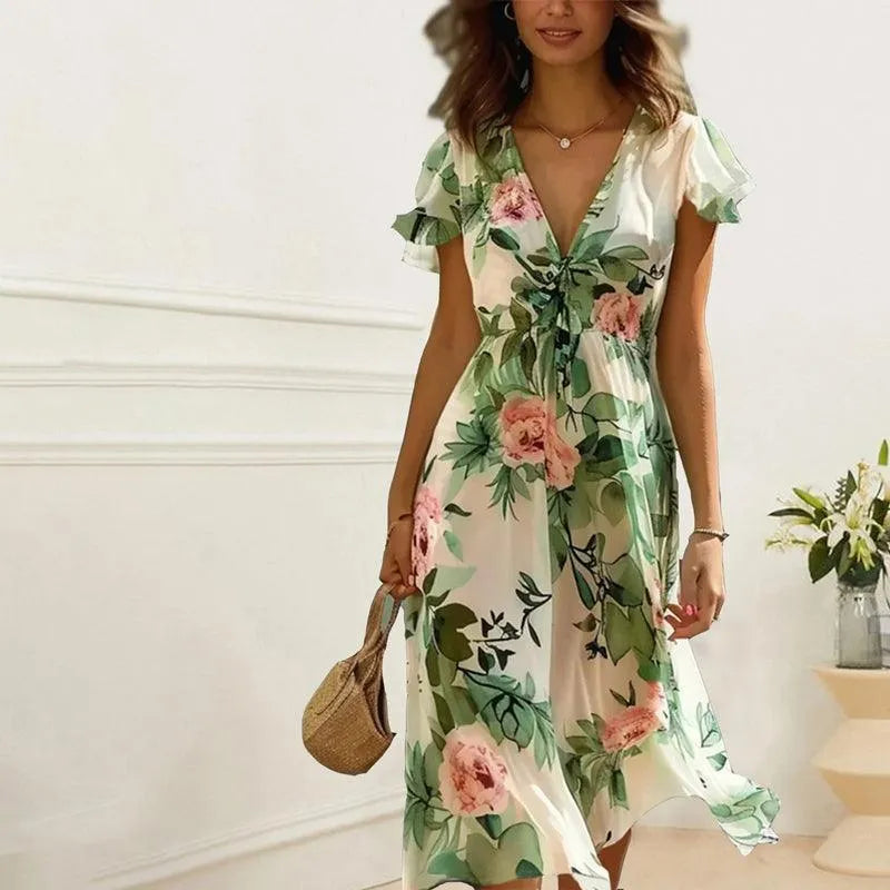 Dames Bloemen V-Hals Midi Jurk
