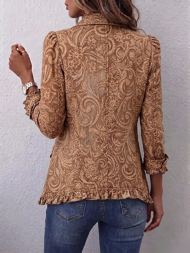 Mirella vintage bohémien jasje met bloemenprint in bruin en ruches