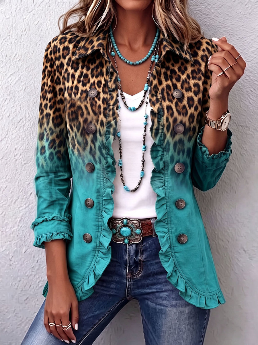 Bice blazer met verlopende luipaardprint turquoise